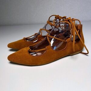 gap gladiator lace-up western boho ballet flats brown suede pointed toe 7.5